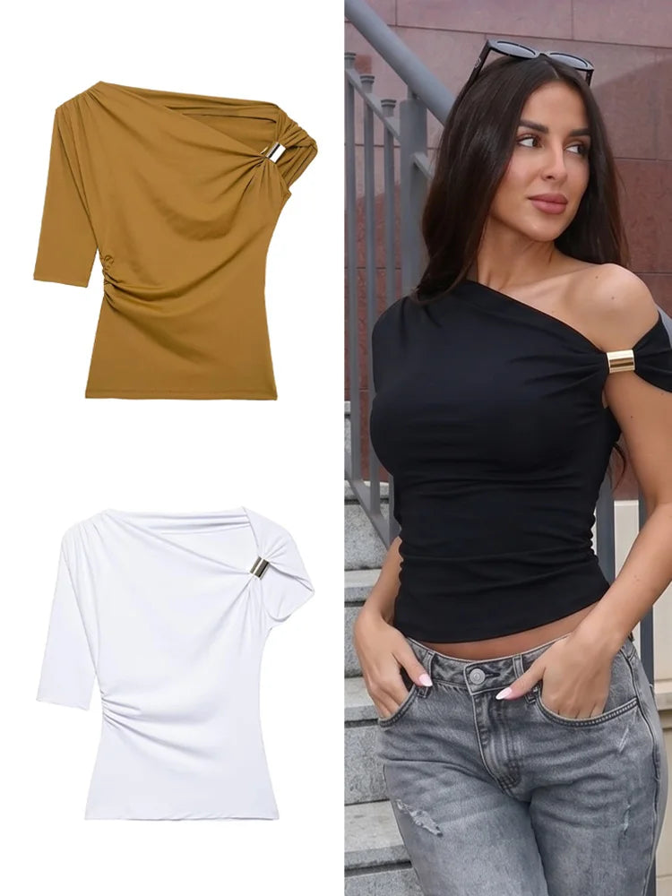 HH Women Pleated Short Sleeve Solid Slim Tops Summer Sexy Chic Asymmetrical Off Shoulder Vintage T-Shirts High Street Outfits