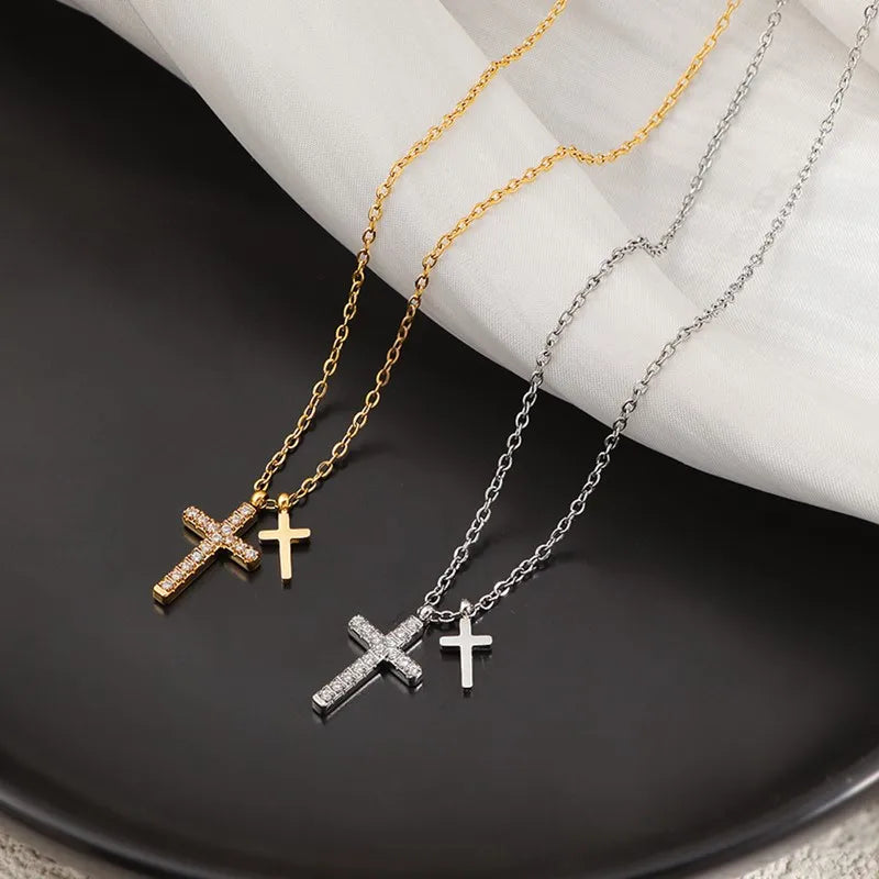 Stainless Steel Pave Cz Double Cross Pendant Chain Necklace For Women'S Girl