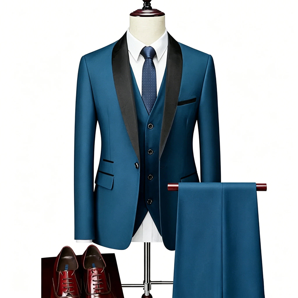 US Size XXS-3XL Men's 3 Piece Tuxedo Suit Set, Black Satin Shawl Lapel Slim Fit Blazer Vest Pants for Wedding Groom Party Prom