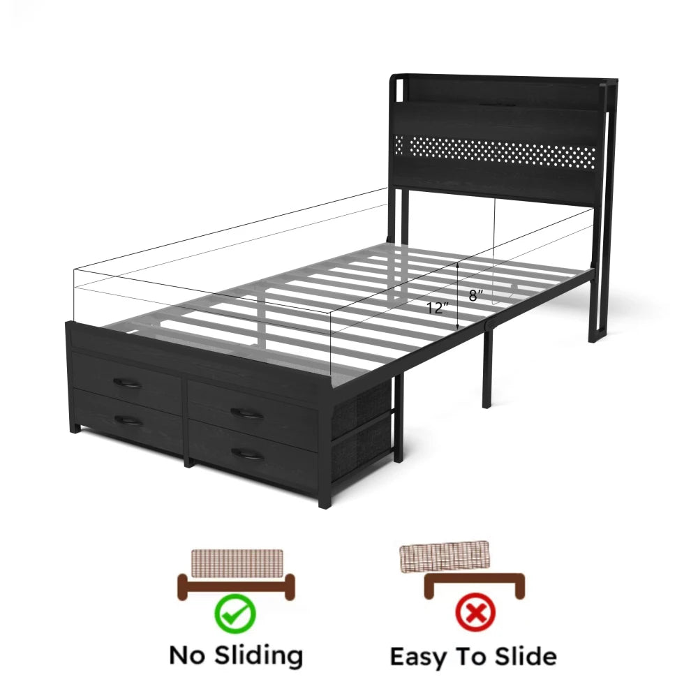 Orraves Twin Bed Frames with Headboard, Twin Size Bed Frames with Storage Drawers, Twin Bed, Black Metal Platform Bed Frame, Single Bed Frame, No Box Spring Needed
