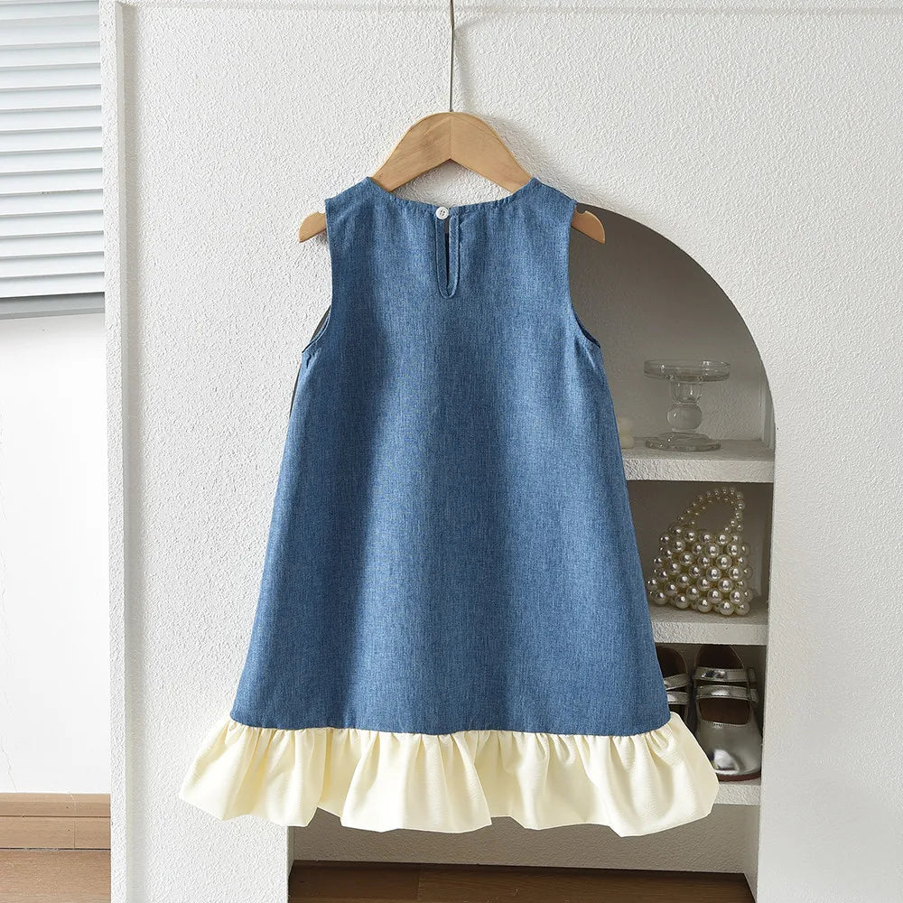 Blue Summer New Casual Girls' Clothes Round Neck Sleeveless Bow Lace Vest Princess Dress for Girls Aged 3-7 Korean Version