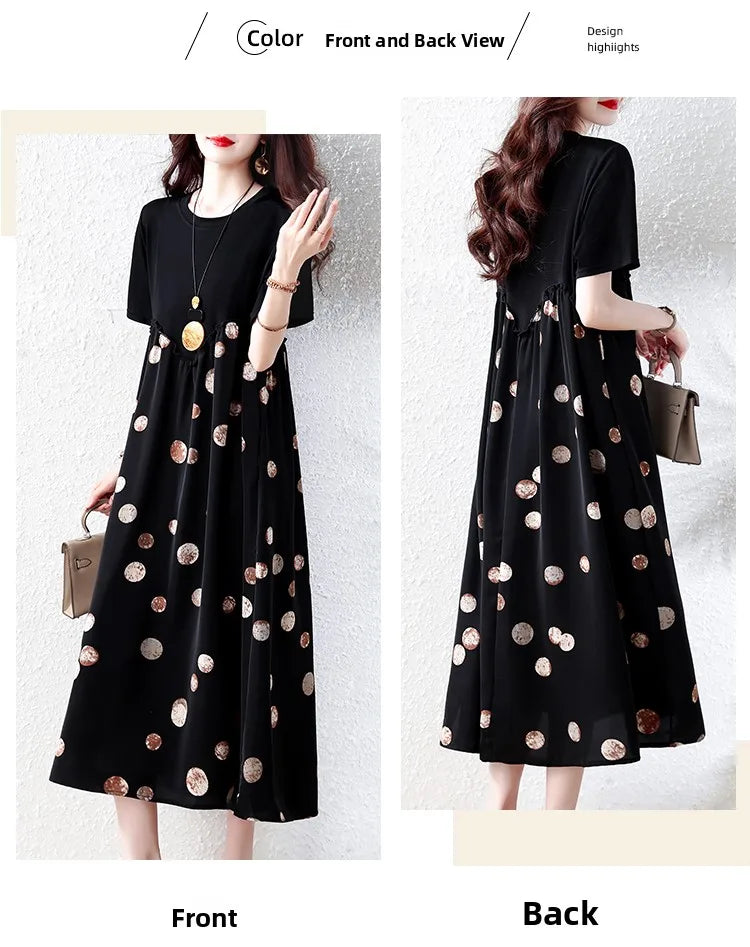 Summer New plus Size Polka Dot Dress Color Block Loose Fitting Slimming Effect Casual Commute Style Women's Dress