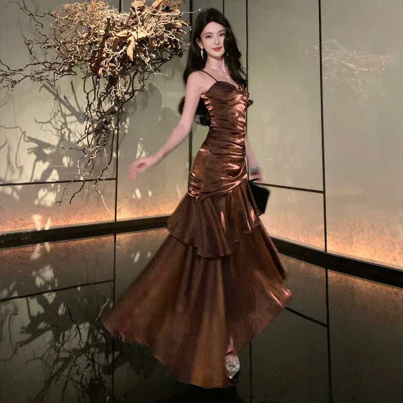 Premium Light Luxury Niche Bar Mitzvah Birthday Party Dress Dress Retro Vacation Ruffle Edge Suspender Dress