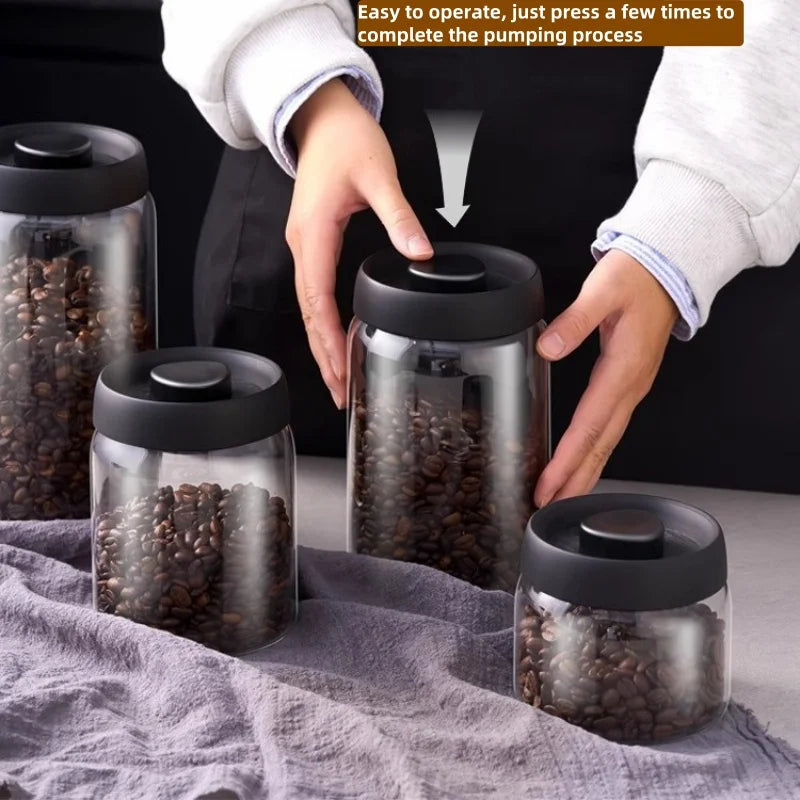 Cafetera de Tapa Negra de Múltiple Capacidad, Jarra de Almacenamiento Manual al Vacío a Prueba de Humedad, Tetera de Vidrio para Cocina, Bote Sellado para Granos de Café