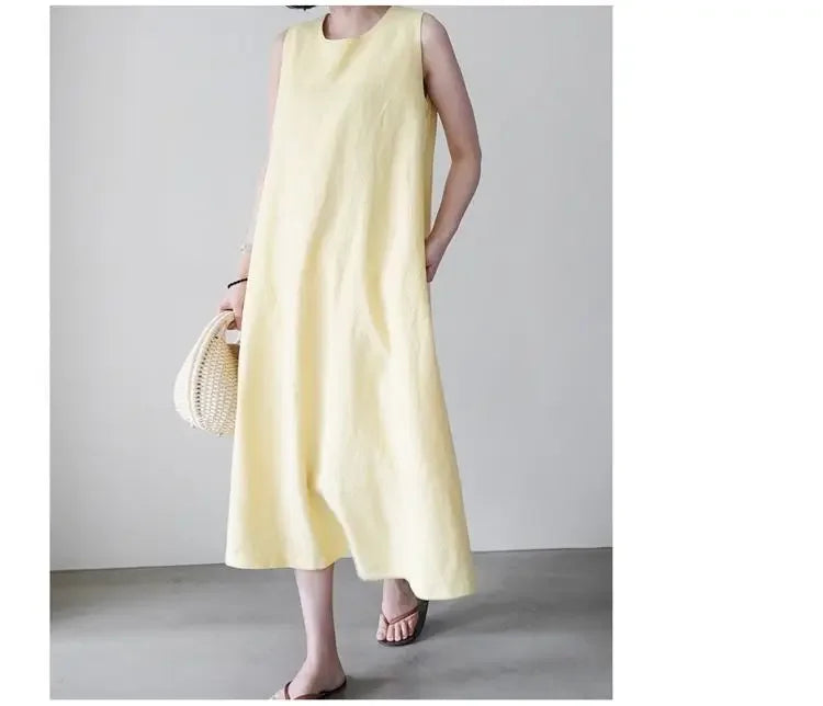 Korean Fashion Women Dress Casual Round Neck Loose Solid Color Casual Big Swing Sleeveless Long Linen Lazy Style Vestidos
