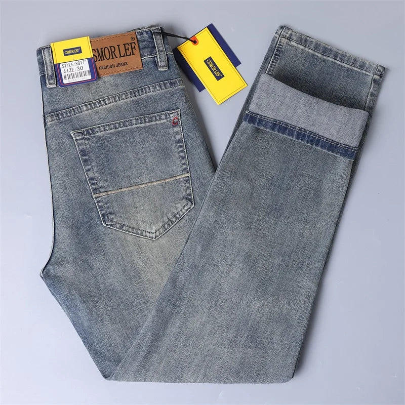 Classic Men'S Jeans, Fashionable, Light Luxury, Slim Fit, Straight Tube, Elastic Washed Denim Pants, Retro Casual Men'S Pants