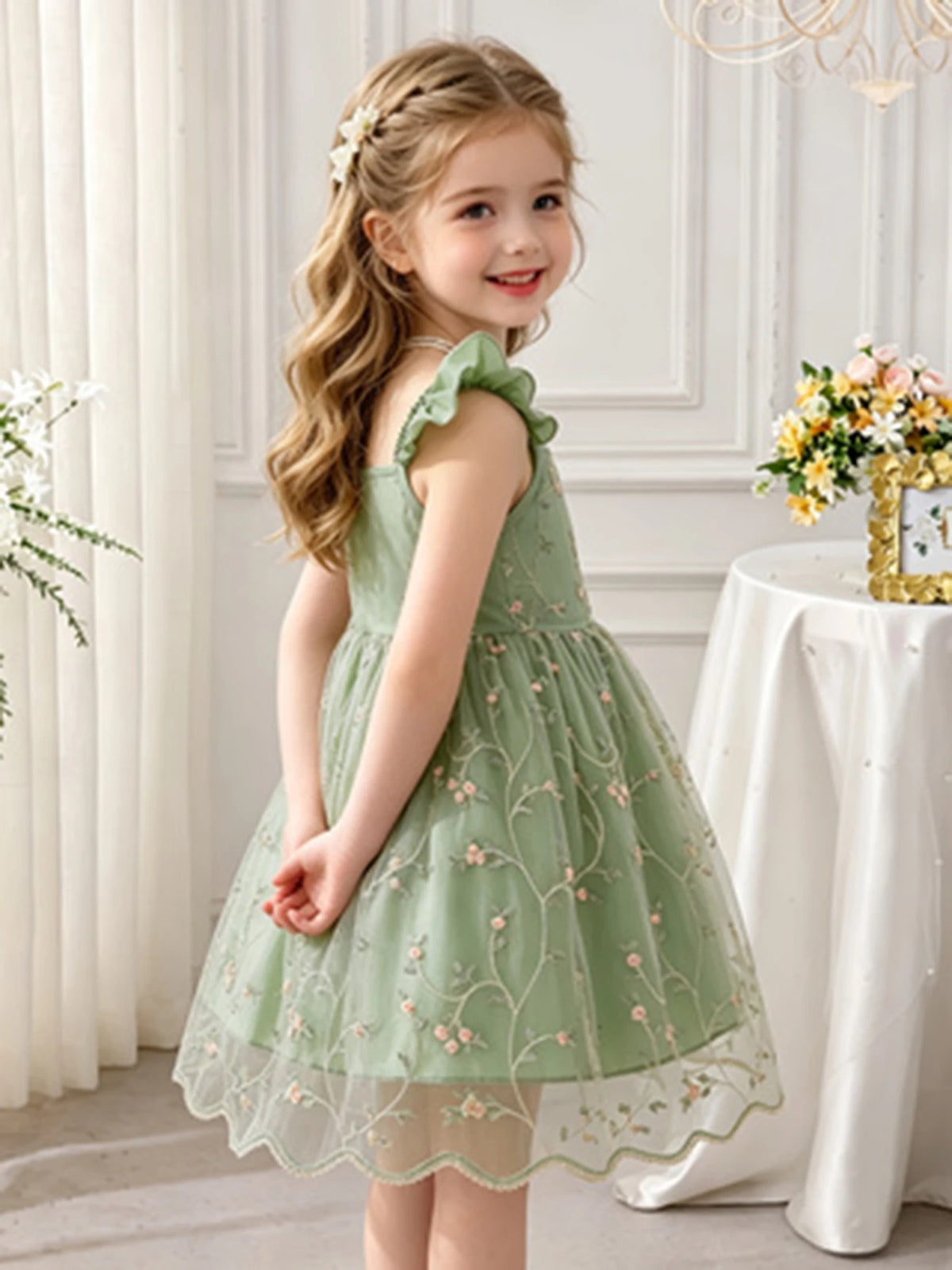 Girls' Green Floral Tulle Princess Dress, Summer Flutter Sleeve Spaghetti Strap Puffy Skirt, Sweet Kids' Dress