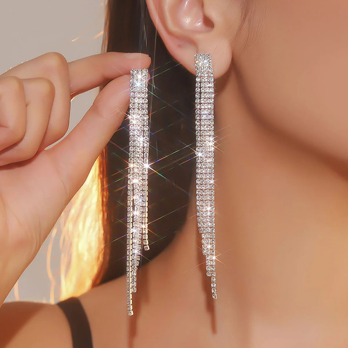 Treazy Shiny 4 Lines Rhinestone Crystal Tassel Long Earrings For Women'S Wedding Hanging Dangle Earrings Bridal Brincos