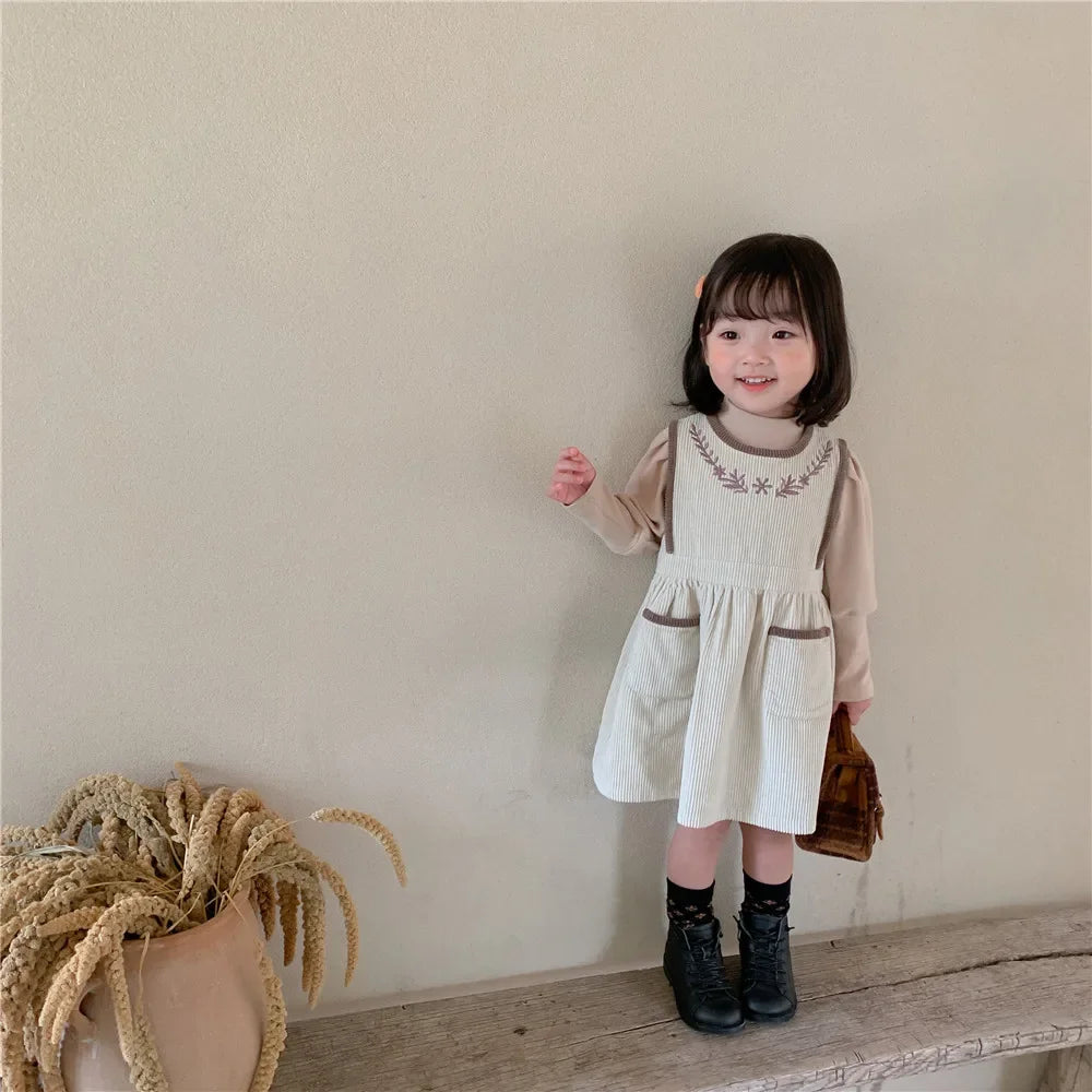 2025 Vinatge Baby Corduroy Sleeveless Dress Little Girls Sundress and Long Sleeve Tops Autumn Winter  Two Piece Set Children