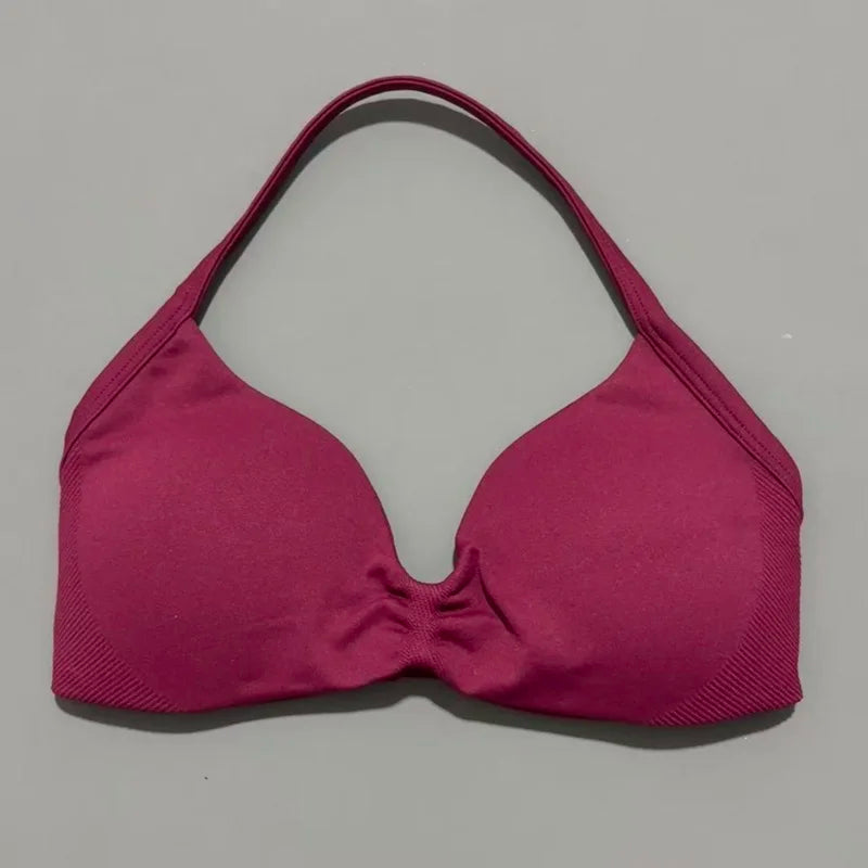 HISTELLO Sports Strappy Bra Df Solid Color Women Seamless Yoga Underwear Fitness Workout Halter Top Running Gym Sports Bra