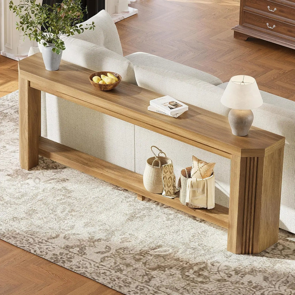 70" Console Table, Narrow Long Sofa Table with Open Storage, Easy Assembly for Entryway & Living Room, Light Brown, Customized