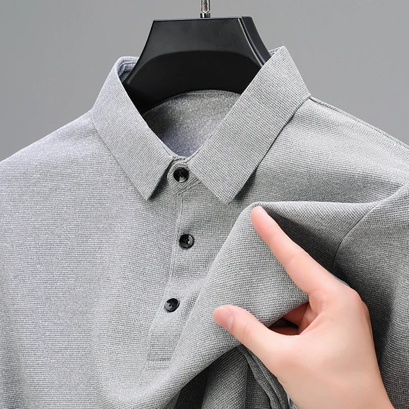 Men'S Fashion Waffle Solid Short Sleeved Polo Shirt Summer Breathable Comfortable Top