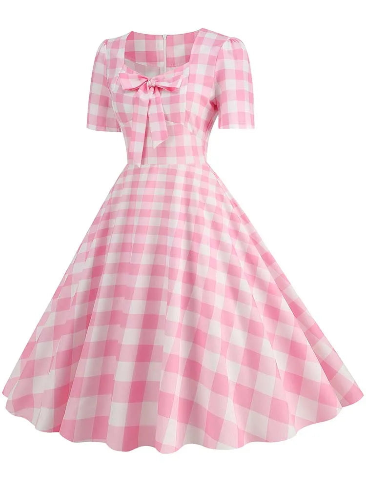 Pink Plaid Swing Party Dresses Women Elegant Vintage Square Collar Short Sleeve Casual Summer Dress
