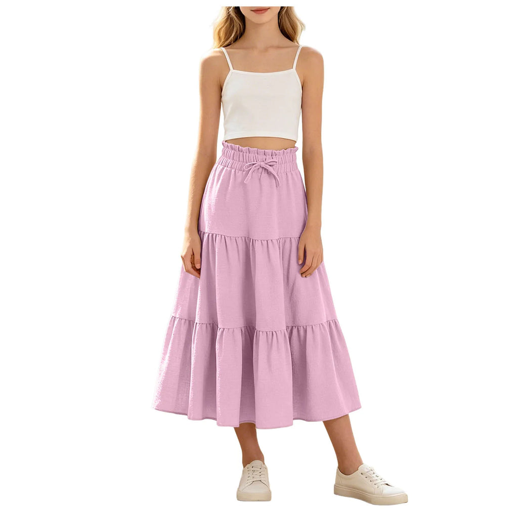 Kids Girls Boho Pleated Long Skirt Summer Solid Elastic Waist Lightweight Large Swing Skirt Casual Beach Holiday Vacation