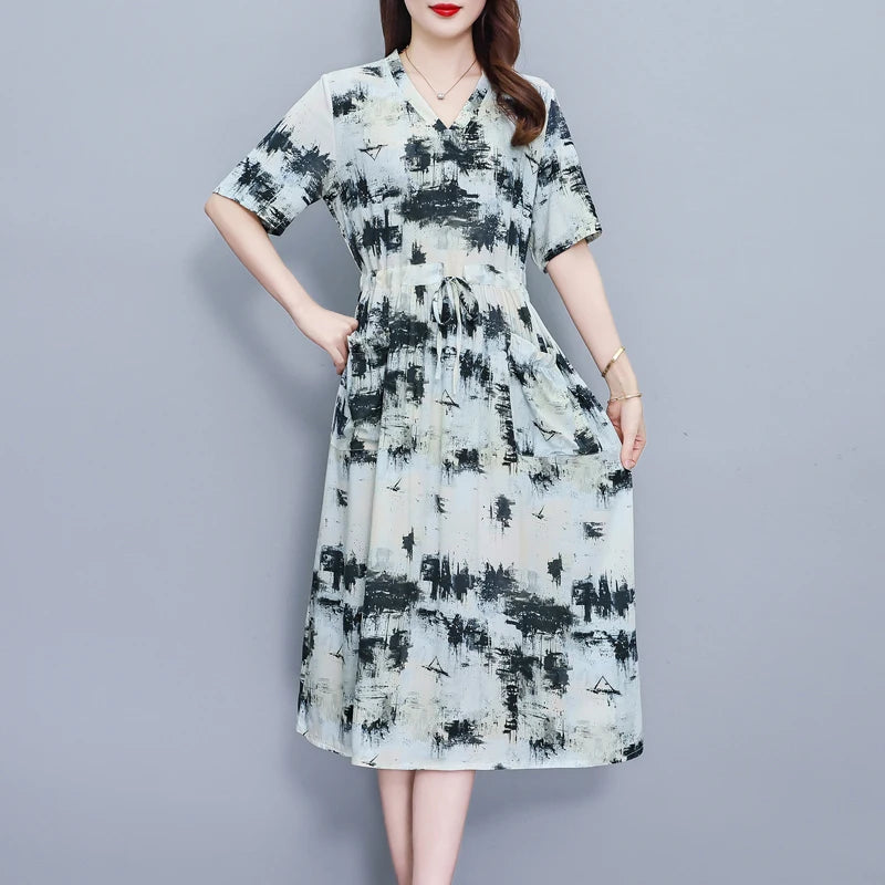 New Fashion 2025 Summer dresses For Women V-Neck Plus Size Woman Cothing Loose Short Sleeve Women Print Dresses