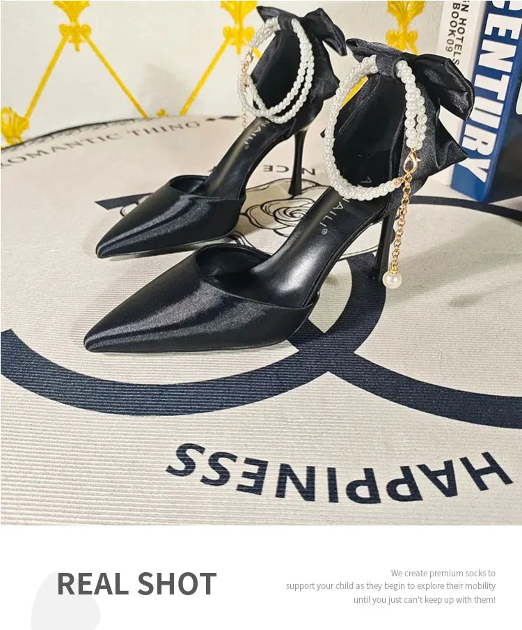 Plus 33-42 Pearl Ankle Strap Bow Heels Stiletto High Heels Women Pumps Wedding Shoes Bride Ladies Party Prom Closed-toe Sandals