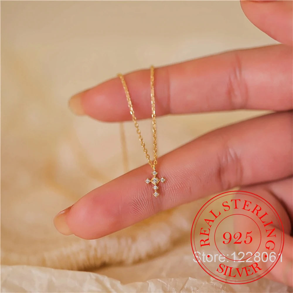 925 Sterling Silver Mini Crystal Cross Pendant Necklace For Women'S Choker Chain Wedding Jewelry