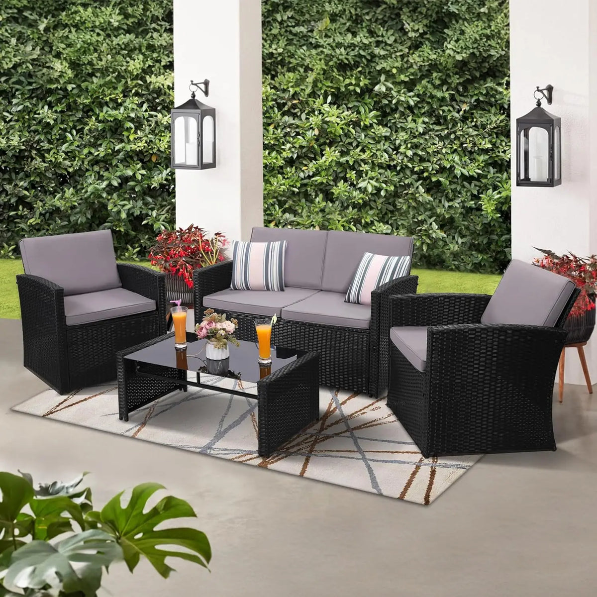 4-Piece Patio Furniture Set, Wicker Outdoor Rattan Sectional Sofa with Cushions and Glass Table, All-Weather Outdoor Conversatio