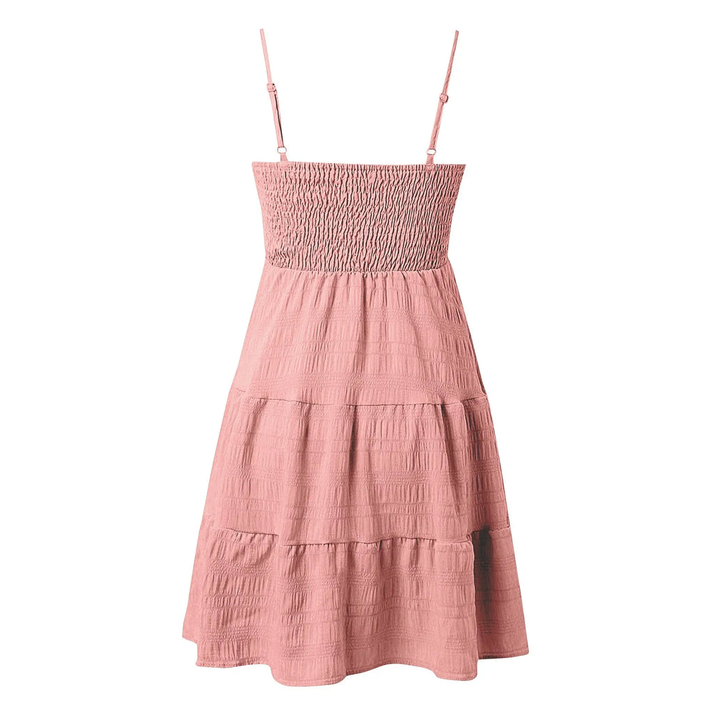Bohemian Beach Sundress Women Sexy Sleeveless Backless Big Swing Mini Dress Solid Spaghetti Strap Ruffles Dresses Vestidos