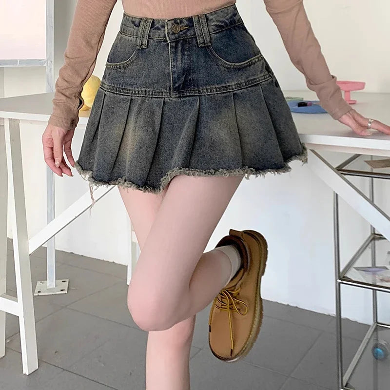Summer Women Y2k High Waist Mini Skirts Girls Korean A Line Denim Pleated Dress Female Fashion Punk Blue Harajuku Jeans Skirts