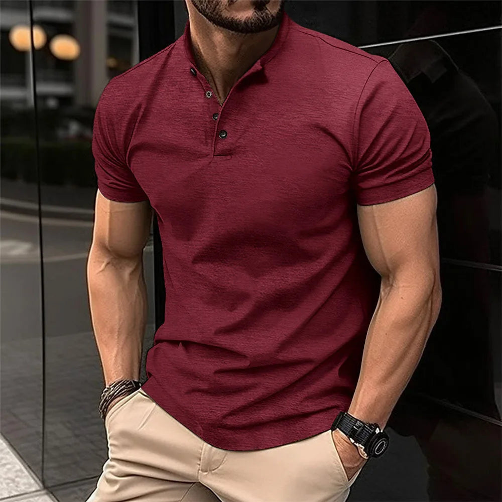 2026 New Henley Collar Summer Men Casual Solid Color Short Sleeve T Shirt for Men Polo men High QualityMens T Shirts