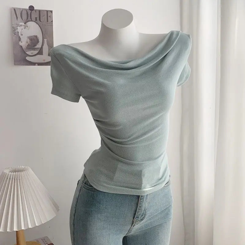 Summer Short Sleeve T-Shirt Shoulder Bared Open Neck Irregular Pleated Korean Style Slim Fit Pure Color Modal Fabric Ladies Top