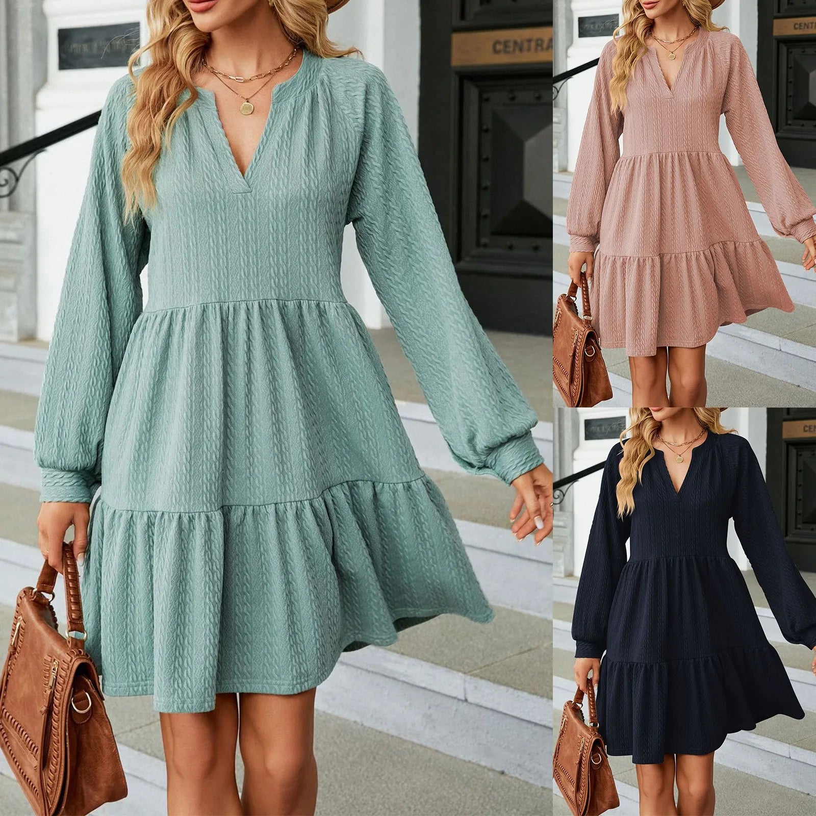 Spring Summer Women Dress Solid Color V Neck Loose Patchwork Long Sleeve Dresses Casual A-Line Holiday Knee-Length Dress Robes