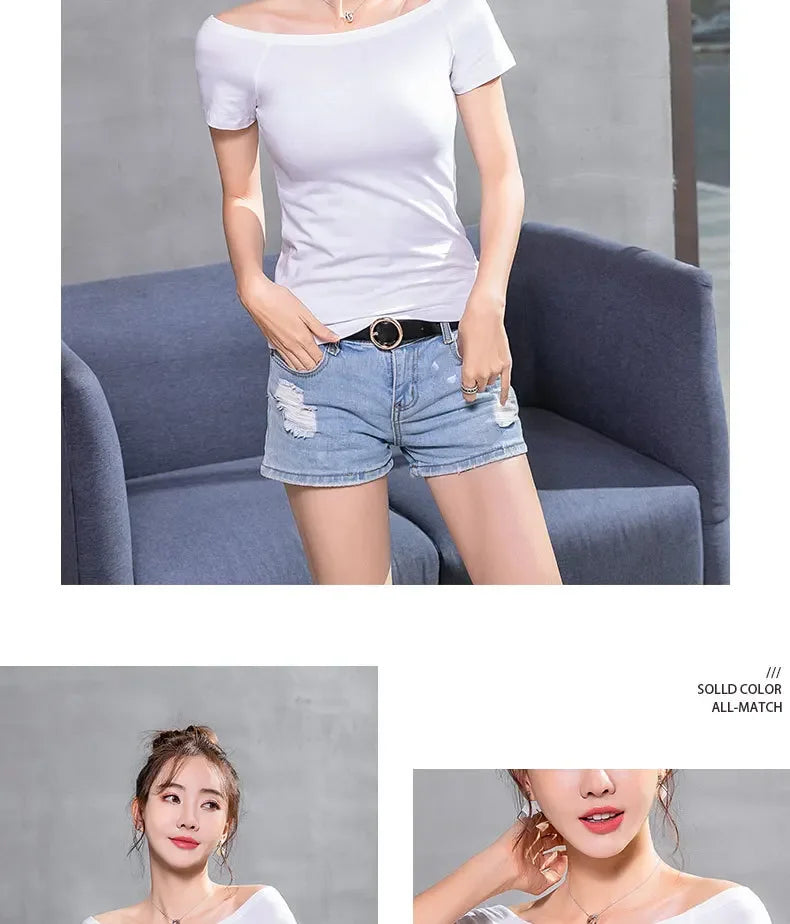 MRMT 2026 Brand New Women's T Shirt Cotton Slim Fit Short Sleeve T-Shirt For Female Off Shoulder Tops One Line Neck Tshirt
