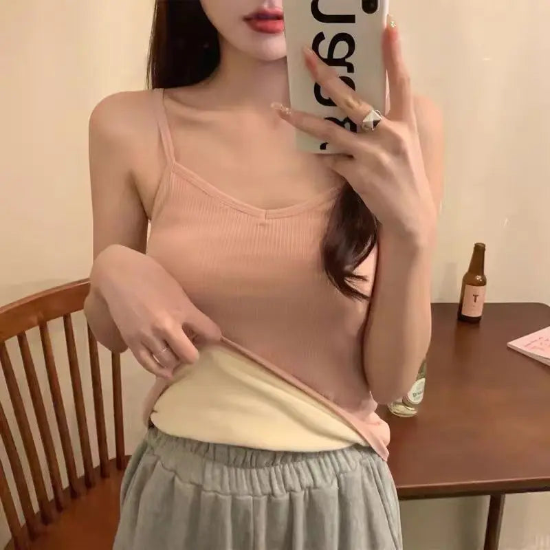 Women'S Winter Warm Underwear Solid Color Thermal Casual Nightwear Sexy Elasticity Female Thin Velvet T-Shirt Sleeveless Tops