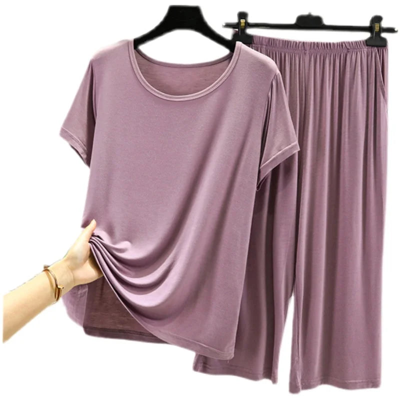 Summer Lightweight Modal Sleepwear Casual Loose Short Sleeve T-Shirt Women's Seven-Piece Pants Outdoor Large Size Leisure Set
