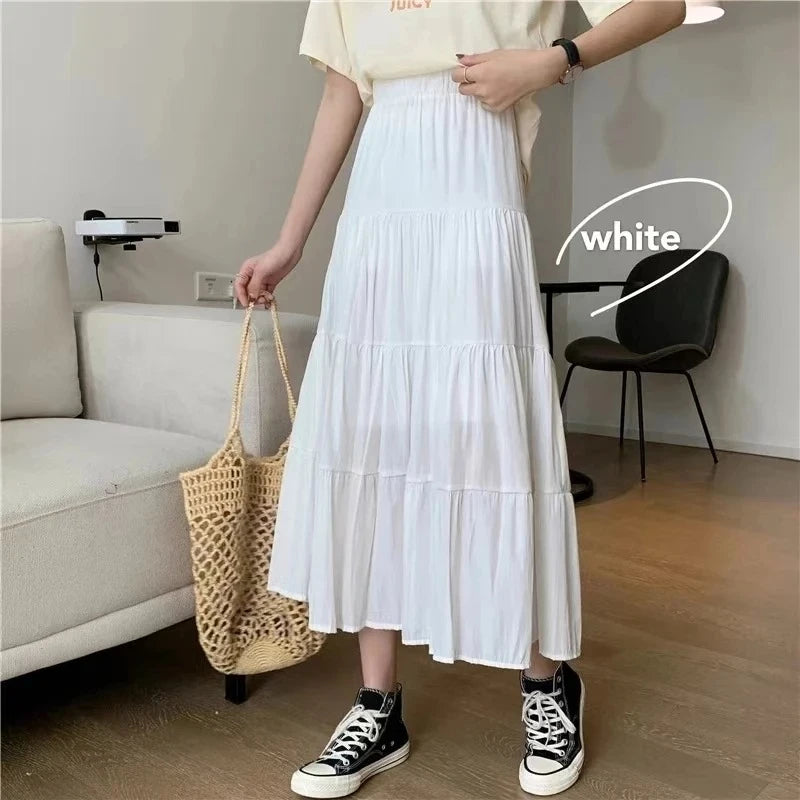 Casual Vintage Women Skirt Matching Chic Lady's White Skirt Sweet Girl's Cake Skirt Elastic Waist A-Line Mid Length Flare Skirt