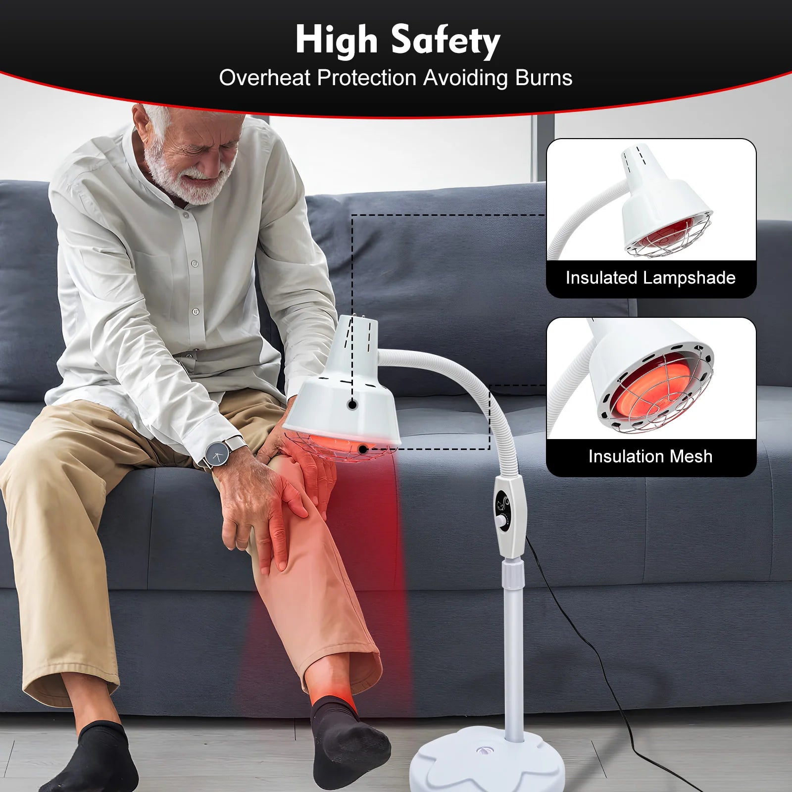 275W Adjustable Infrared Heat Lamp for Muscle&Joint Pain Relief, 360° Rotatable Infrared Baking Light, 0-115℃ Temp Control