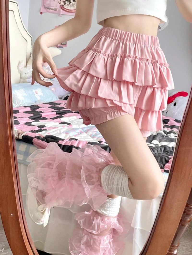 Pastel Tiered Ruffle Mini Skirt with Built-in Bloomer Shorts Layered Frill Skort Women Soft-Girl Kawaii Lolita Jirai Kei Sukapan