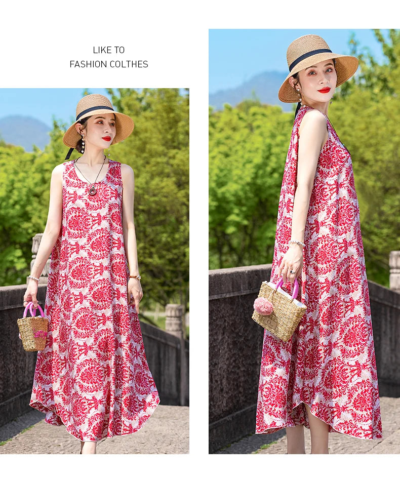 New Women Summer Dresses Vintage Dress FashionRobe Plus Size Sleeveless Femme Casual Print Dresses