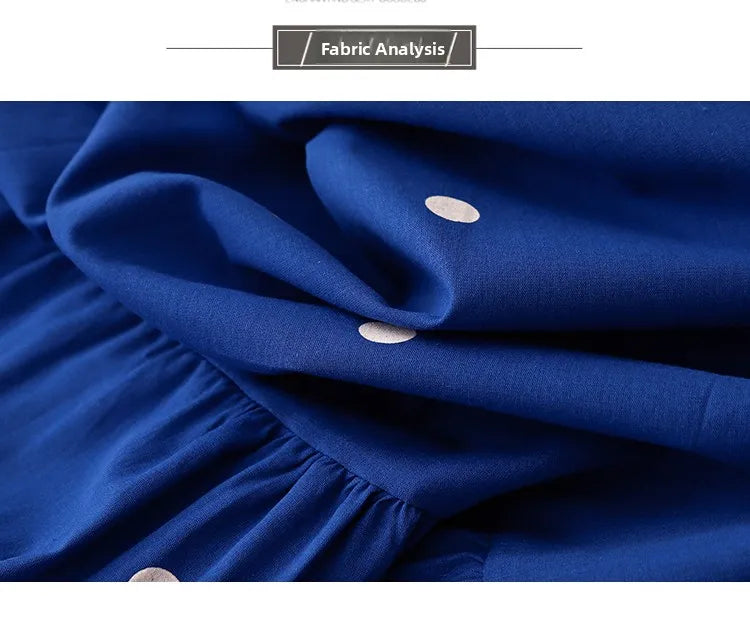 High-End Blue Pure Cotton Floral Print Dress Women's Summer 2025 round Neck Long Dress Polka Dot Skirt Comfortable A-Line