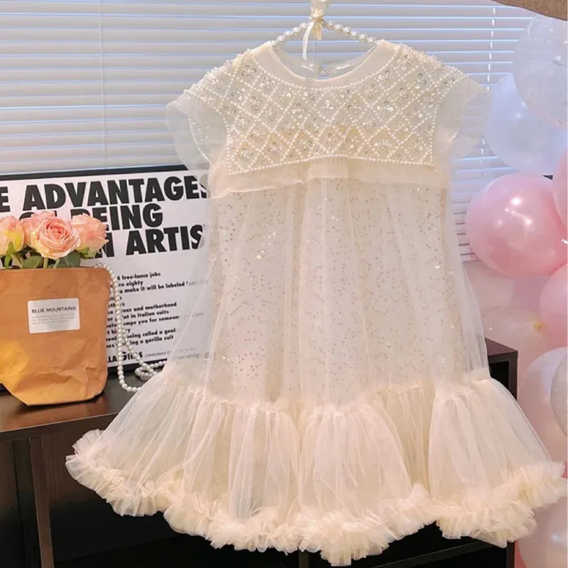 New Girls Princess Dress Casual Spring Summer Children's Wear Korean Pearl Neck Princess Dress Fashion Yarn Dress
