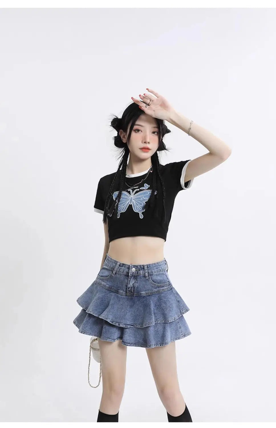 Women's Double Layer Ruffled Denim Mini Skirt With Heart Chain Decoration