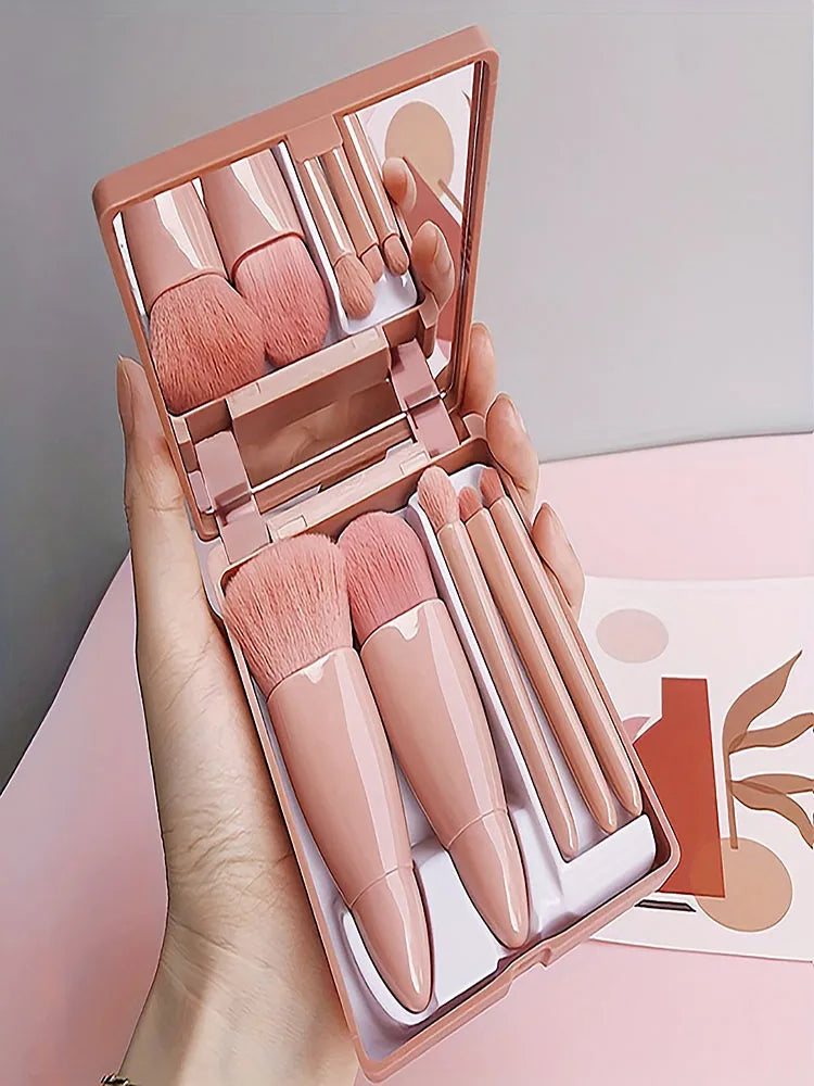 Liplns 5-Piece Portable Makeup Brush Set with Mirror - Travel Kit
