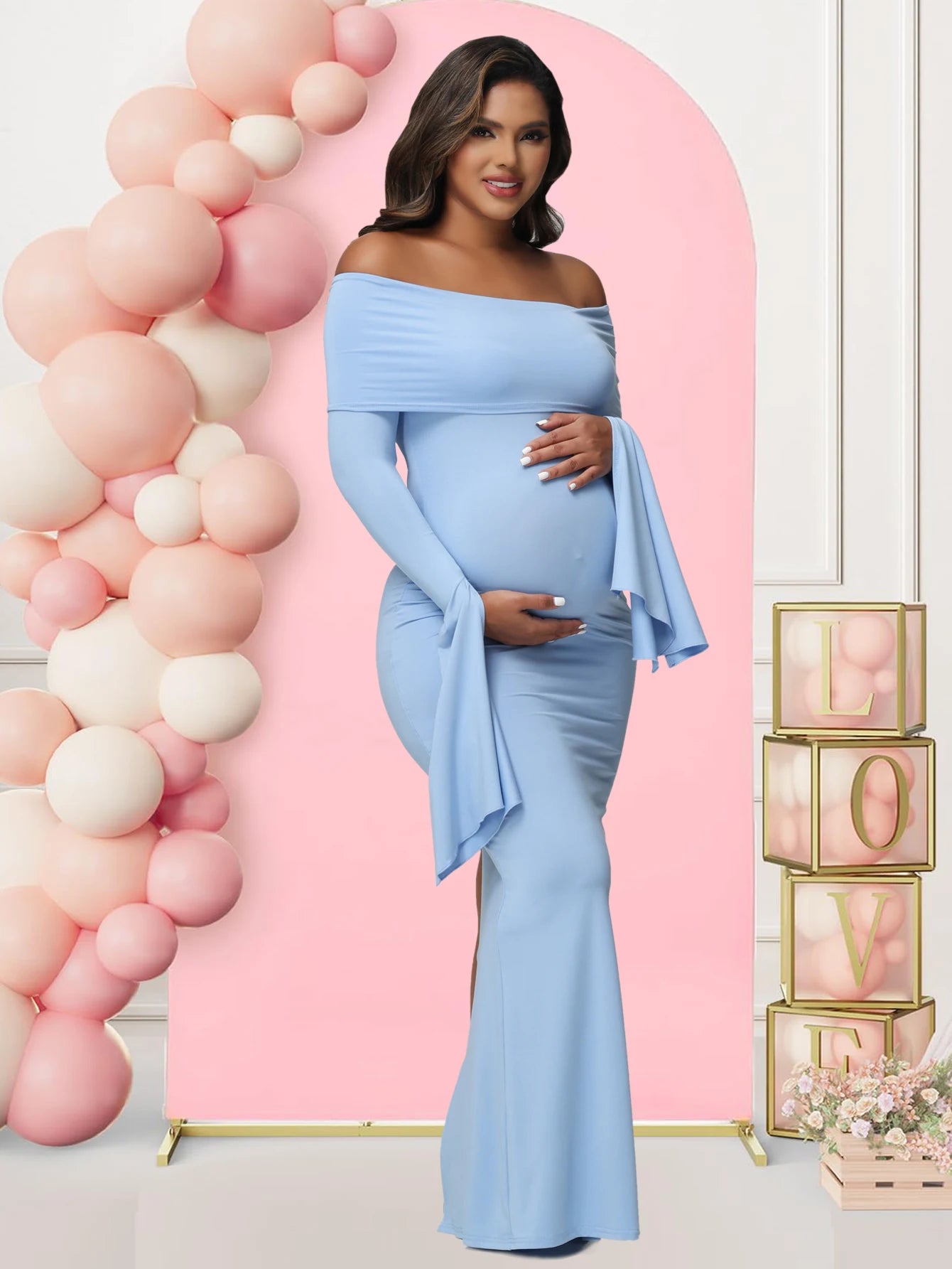 Off - Shoulder Bodycon Maternity Maxi Gown | Baby Shower Photoshoot