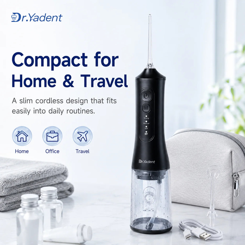 Dr.Yadent YD06 Irrigador Bucal Inalámbrico con Hilo Dental de Agua 300ML Chorro de Agua Portátil Carga Rápida USB-C 7 Boquillas 4 Modos IPX7 Impermeable