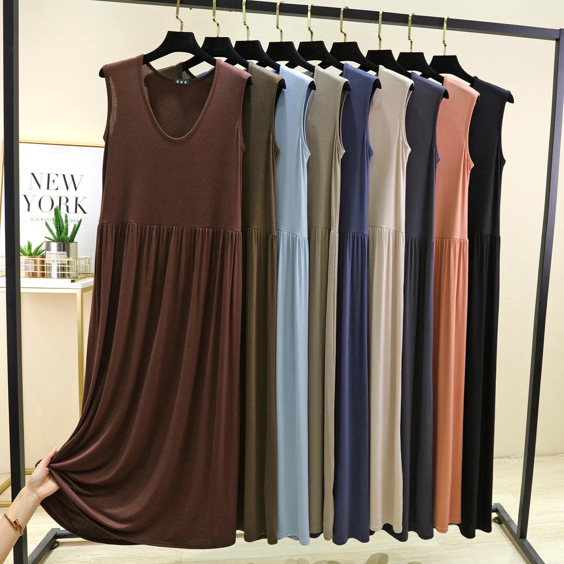 Plus Size Women's Modal Sleeveless Tank Dress – Pleated Mid-Length Waist-Slimming Homewear