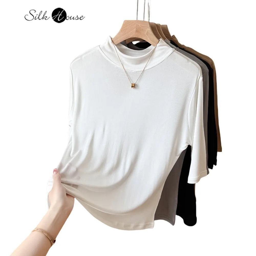 2026 Women's Spring/Summer New 100% Natural Mulberry Silk (Knitted) Basic Solid Color Half High Neck Mid Sleeve Bottom Shirt