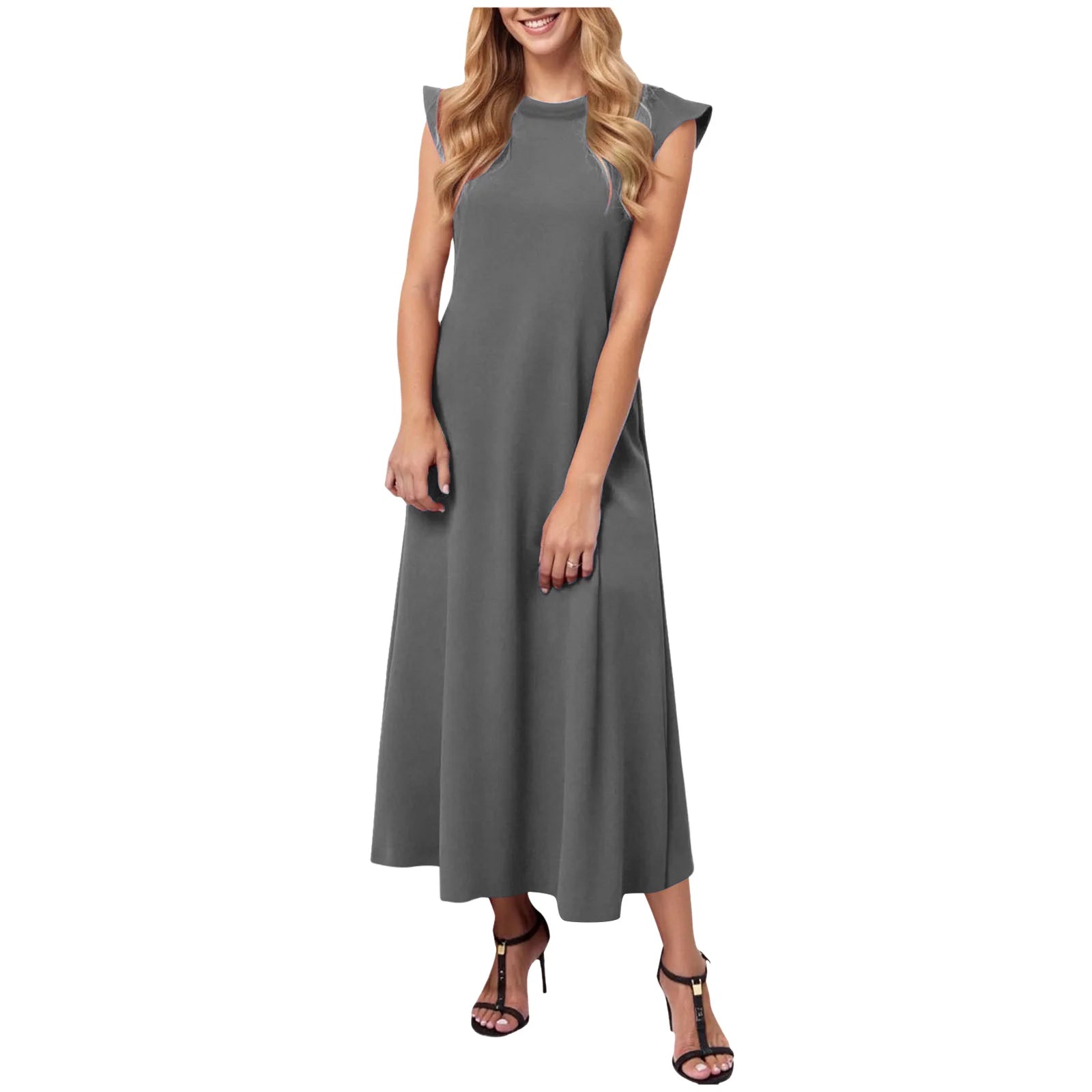 Women's Solid Color Summer Dress Flying Short Sleeve Loose Fit A Line Long Dress Casual Oversized O Neck Beach Vestidos Mujer