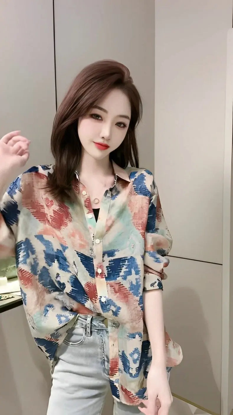 Spring 2026 Floral Print Loose Long Sleeve Women's Shirt Fashionable Versatile Korean Style Commute Polonaise Polyester Fiber