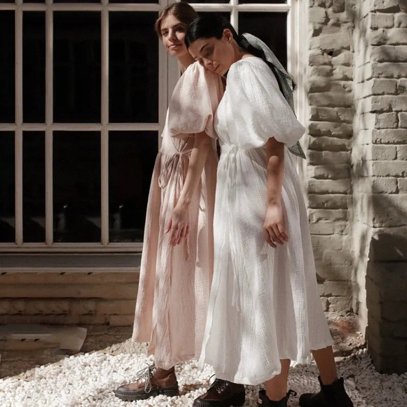 Long Dress Women Dresses Vestidos Lace Up V Neck Puff Sleeve Solid High Waist Female A Line Office Lady Summer 2025 Maxi Gown