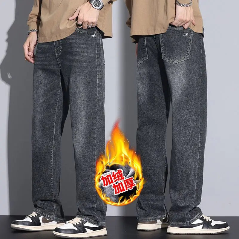 Men's Loose Straight Fit Jeans - Black Elastic Wide Leg Casual