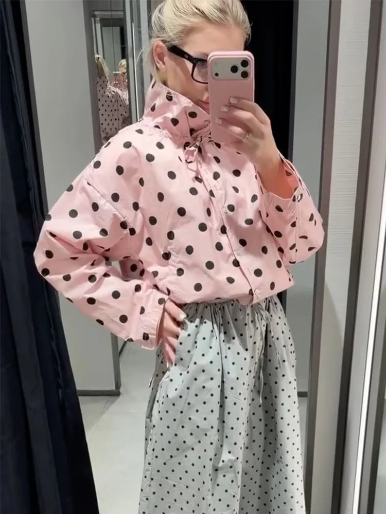 Woman Long Sleeve Pink Polka Dot Jacket Fashion Single Breasted High Collar Short Coat Women Spring Casual High Street Jacket