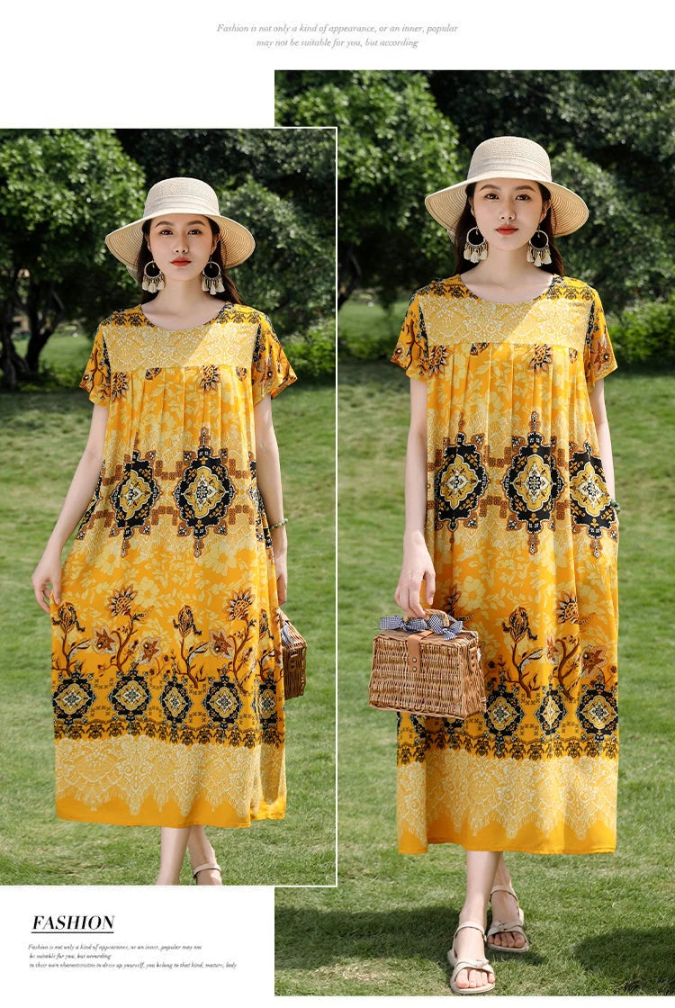 New Fashion Casual 2025 Summer Elegant Dresses For Women O-Neck Print Vintage Short Sleeve Dress Loose Women Clothing