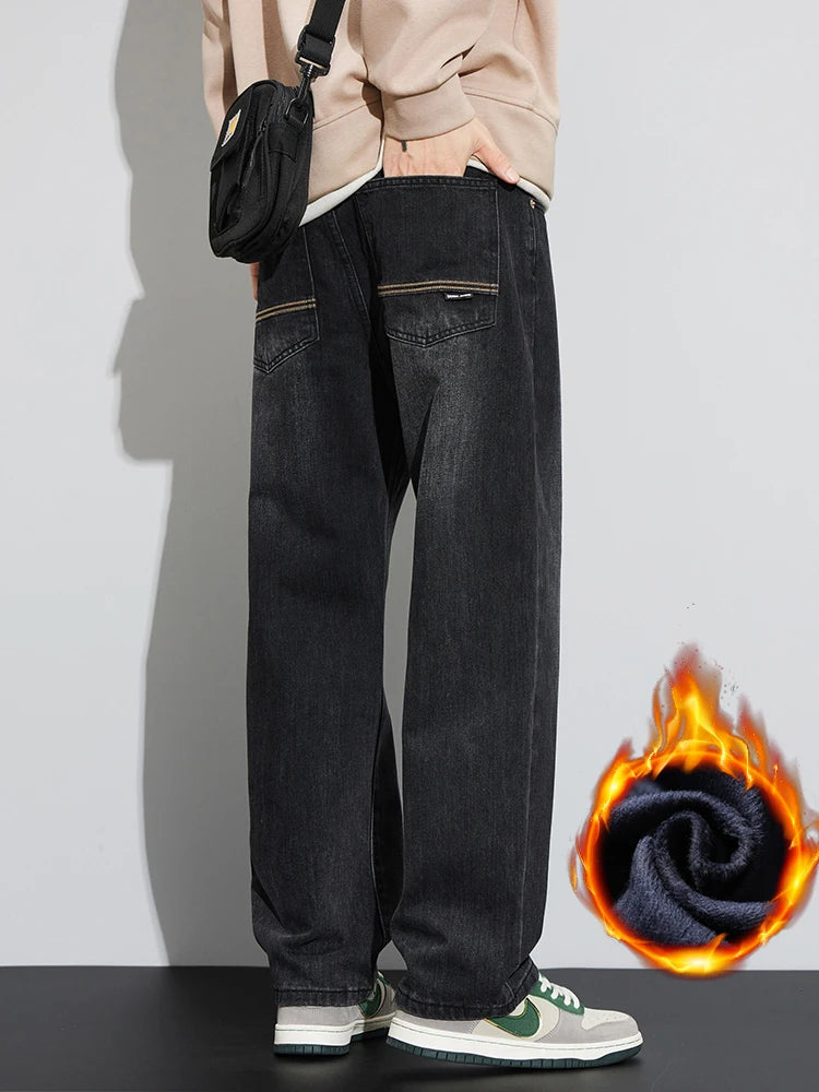 Winter Jeans Warm Fleece Thick Men's Wide Legs Denim Pants Fashion Loose Straight Retro Plush Velvet Casual Trousers Streetwear