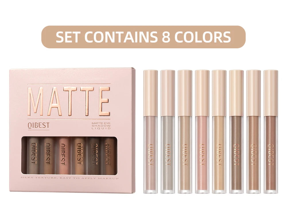 QIBEST 8 Color Matte Liquid Eyeshadow Set Long Lasting Waterproof Eye Shadows Quick-drying Nude White Eyeshadow Makeup Cosmetics
